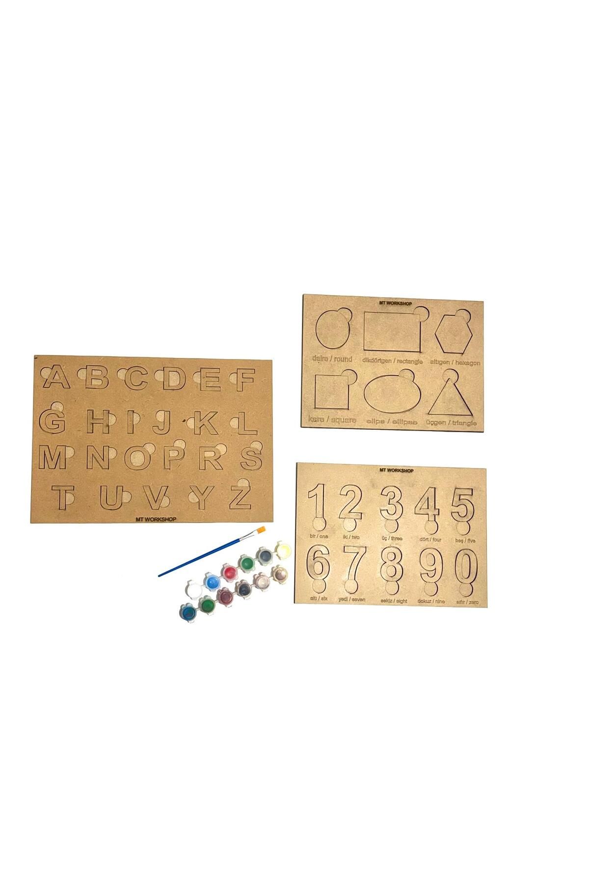 MT 3'lü SET Ahşap Boyama Şekiller Harfler Rakamlar Tak Çıkar Puzzle Alfabe Sayılar Geometrik Şekiller