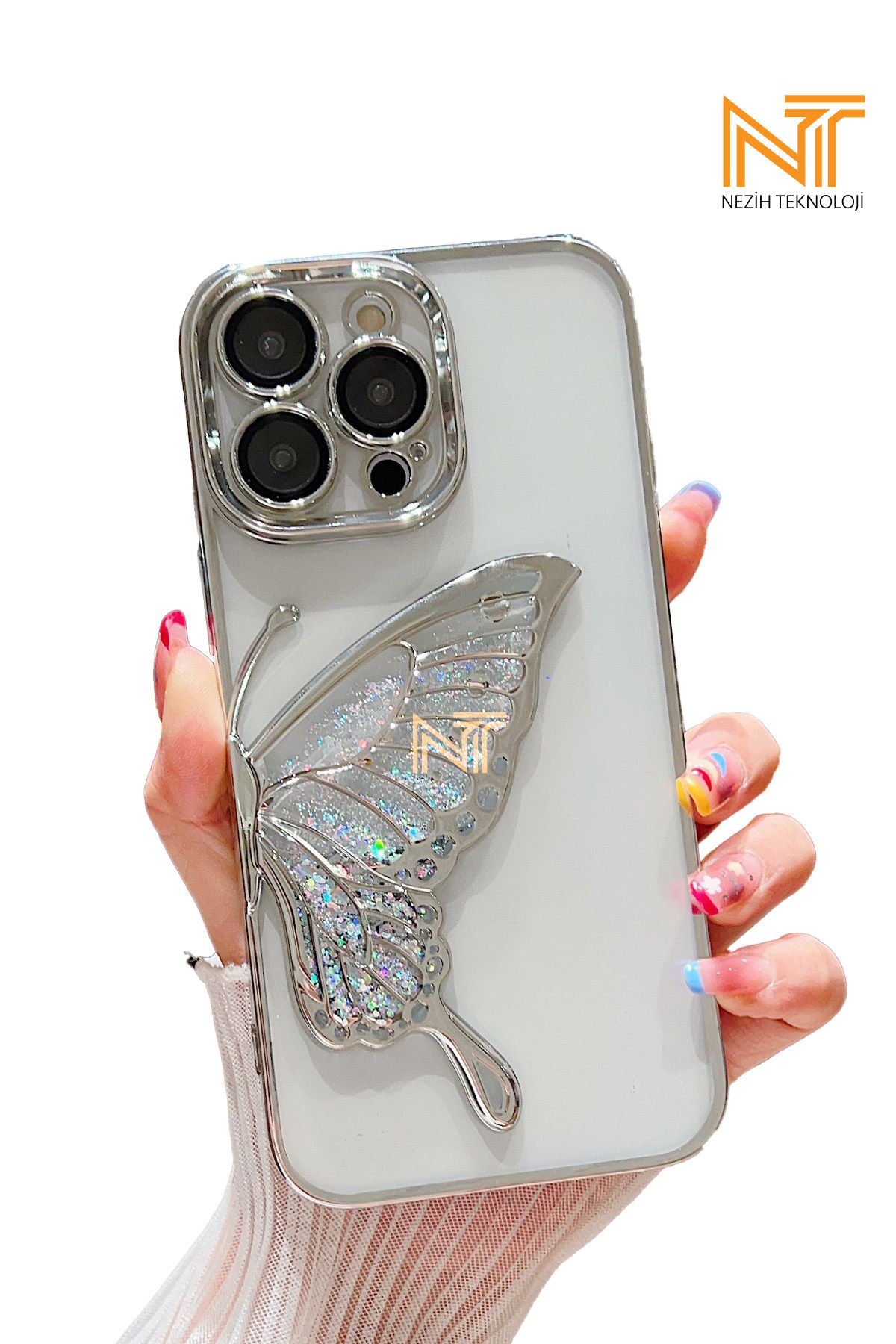 Nezih Case iPhone 16 Pro Uyumlu 3D Kelebek Motifli Lens Koruyuculu Kılıf