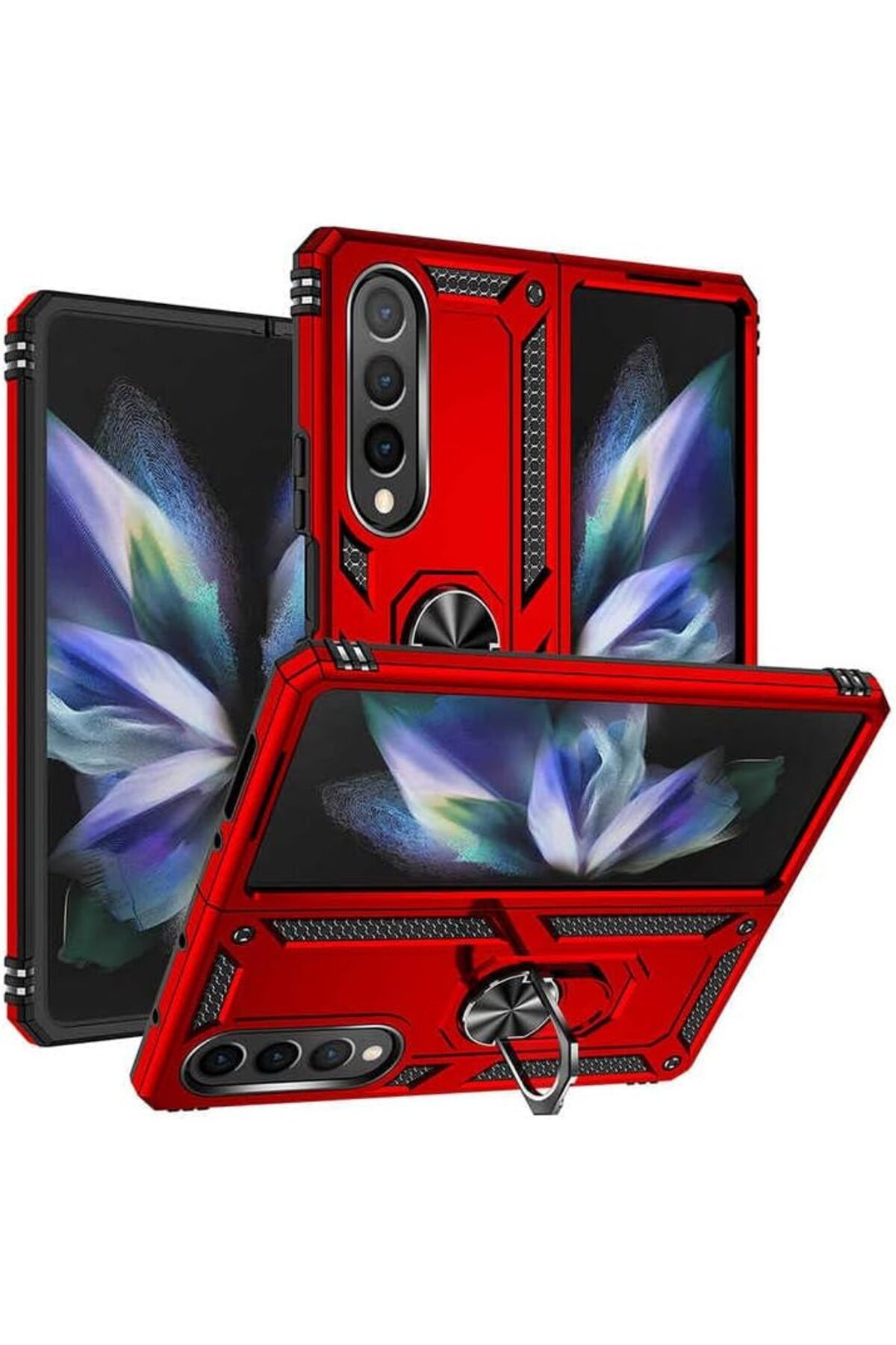 NcK Galaxy Z Flip 3 Uyumlu Kamera Korumalı Yüzüklü Standlı Tank Kılıf (Kırmızı, Samsung Galaxy Z Fold 4)