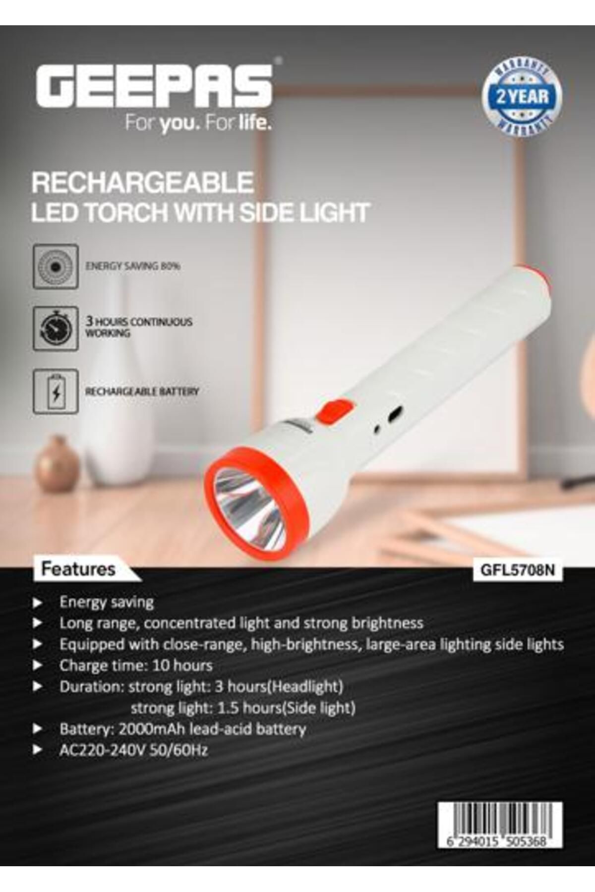 Geepas-Rechargeable LED Torch with Side Light- Rechargeable Lead-Acid Battery and Easy to Use 1