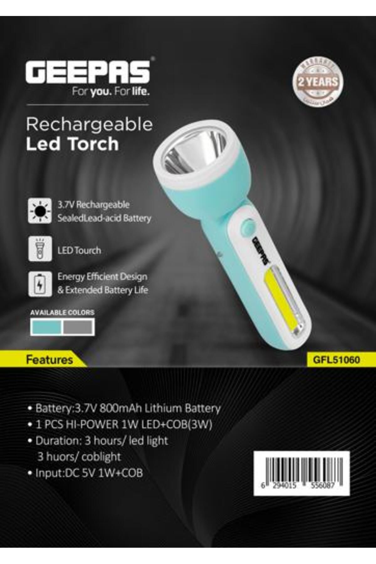 Geepas-Rechargeable LED Torch- Sturdy Housing with COB and Hi-Power LED| 3 Hours Working Time 1