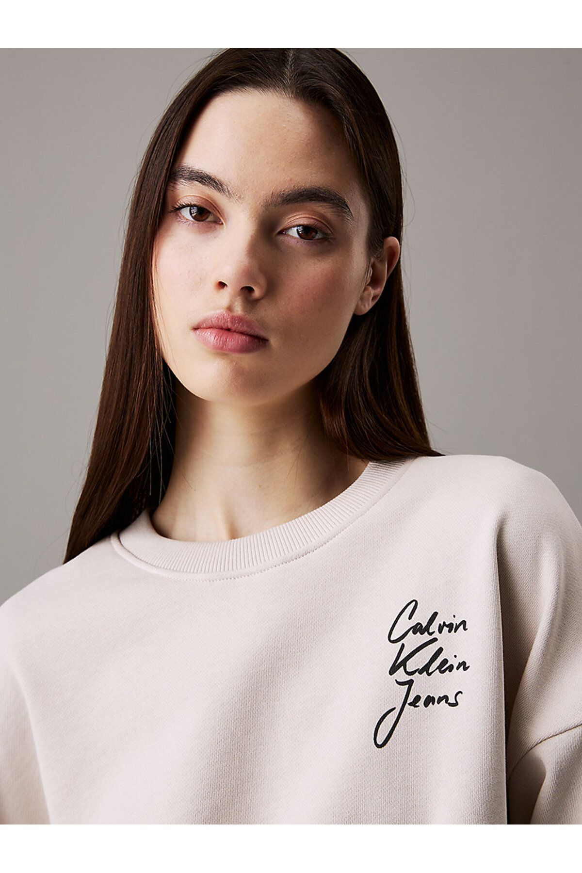 Calvin Klein-Women's Crew Neck Beige Crop Sweatshirt 3