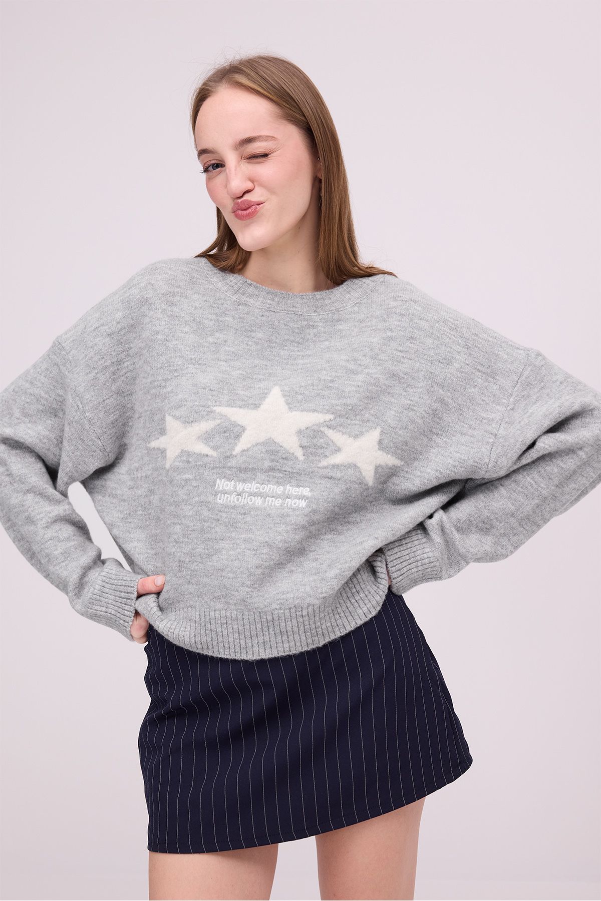 Addax-Crew Neck Star Pattern Knitwear Sweater K3450-A7 2