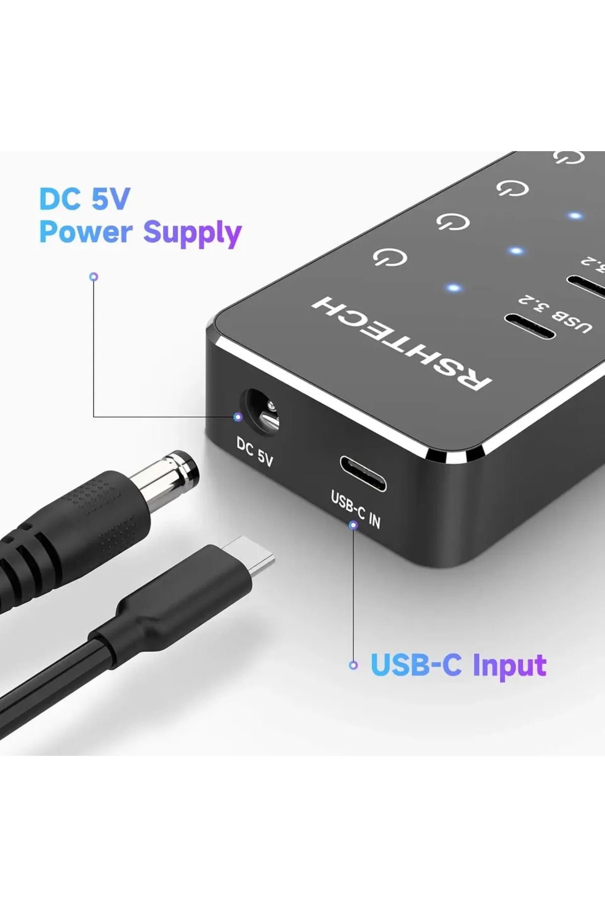 Choice-محول قابس الاتحاد الأوروبي Rshtech موزع USB C مزود بالطاقة بـ 7 منافذ مع منفذ USB-c 3.2 بسرعة 10 جيجابت في الثانية ومفتاح لمس فردي 5