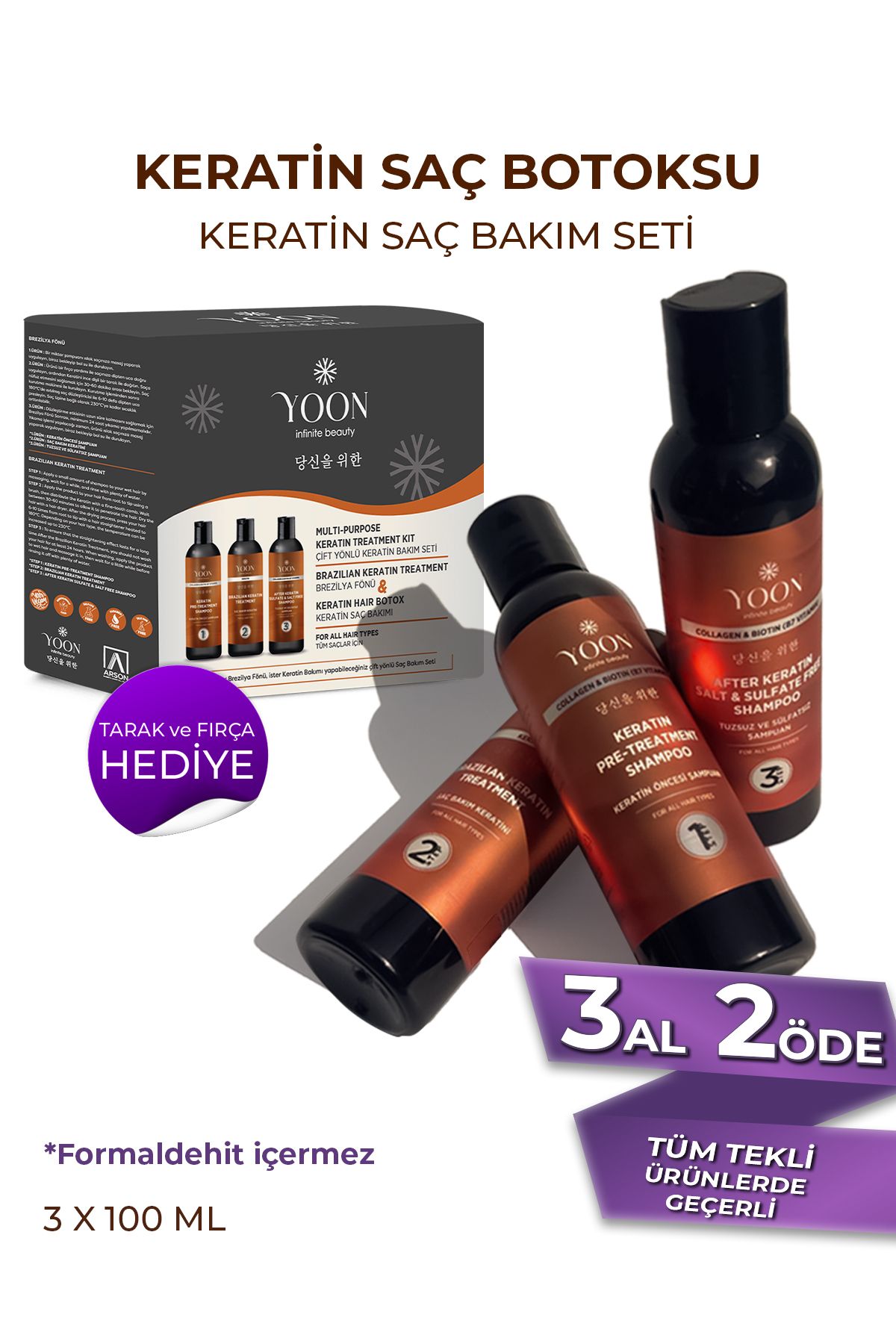 YOON Keratin Saç Bakım Seti - Formaldehitsiz, Kokusuz, Vegan ve Evde Kullanıma Uygun Keratin Saç Botoksu