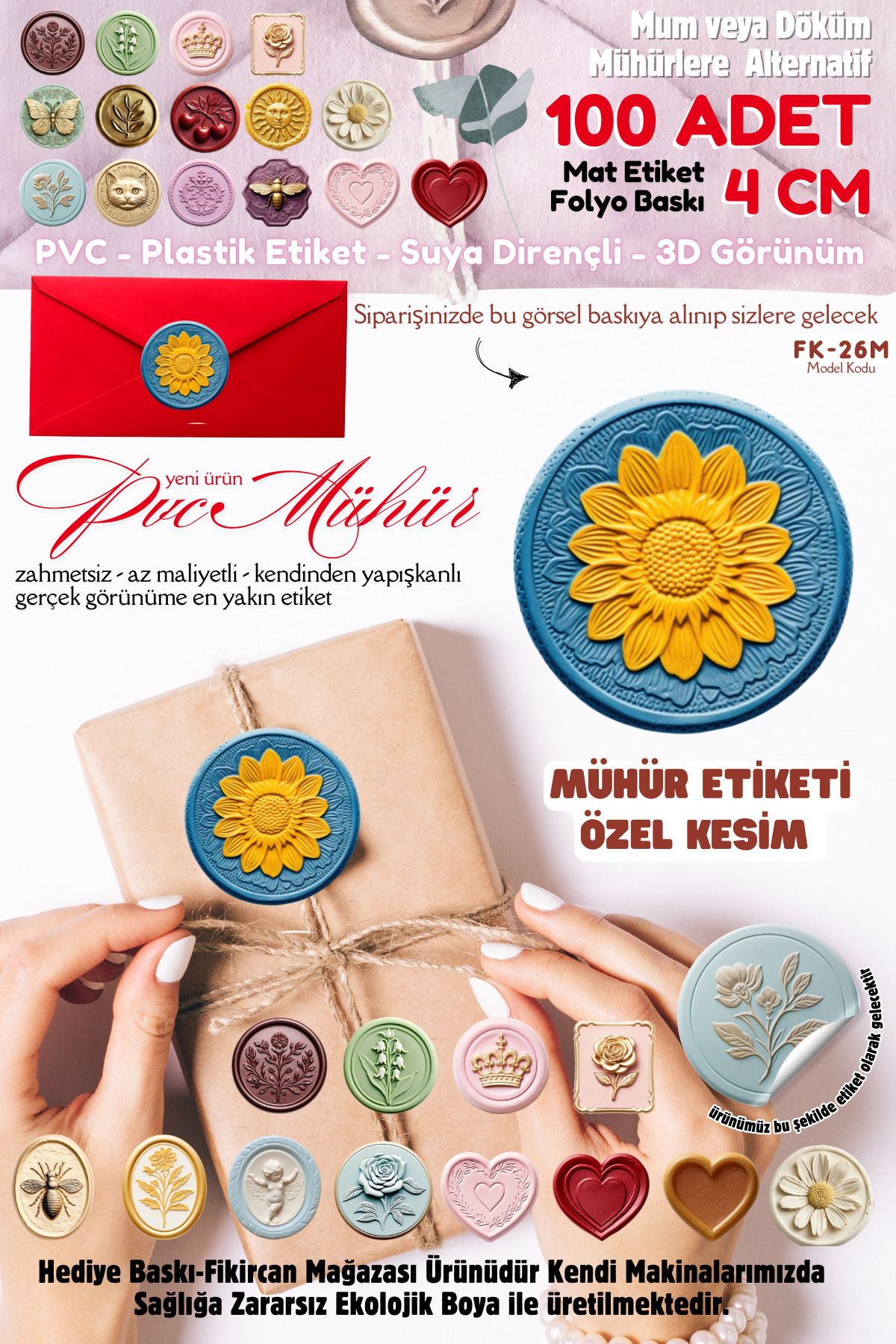 FİKİRCAN MÜHÜR ETİKETİ 100 Adet Kokusuz Ekolojik Mürekkep PVC ETİKET 4 CM MUM VE DÖKÜM ALTERNATİF