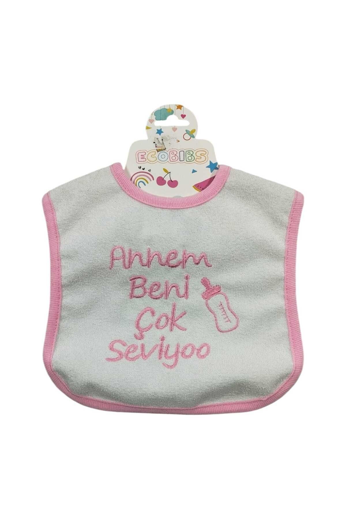 ECOBIBS Annem Beni Çok Seviyoo Yazılı Mama Önlüğü Pembe