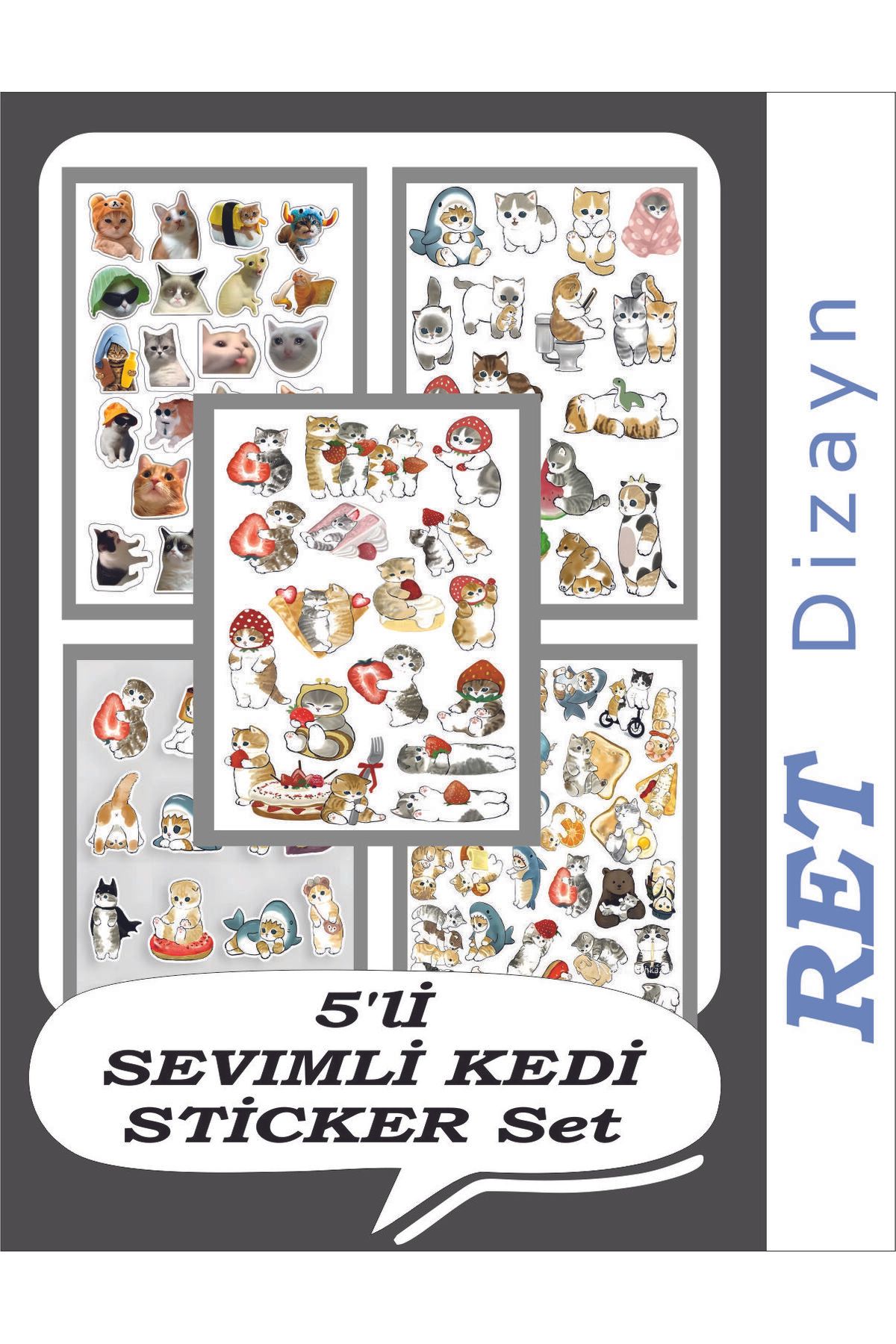 RET Dizayn Sticker MİNİK SEVİMLİ KEDİ  ETİKET 5'LI SET Planlama Ajanda Etiket Gezi TABLET