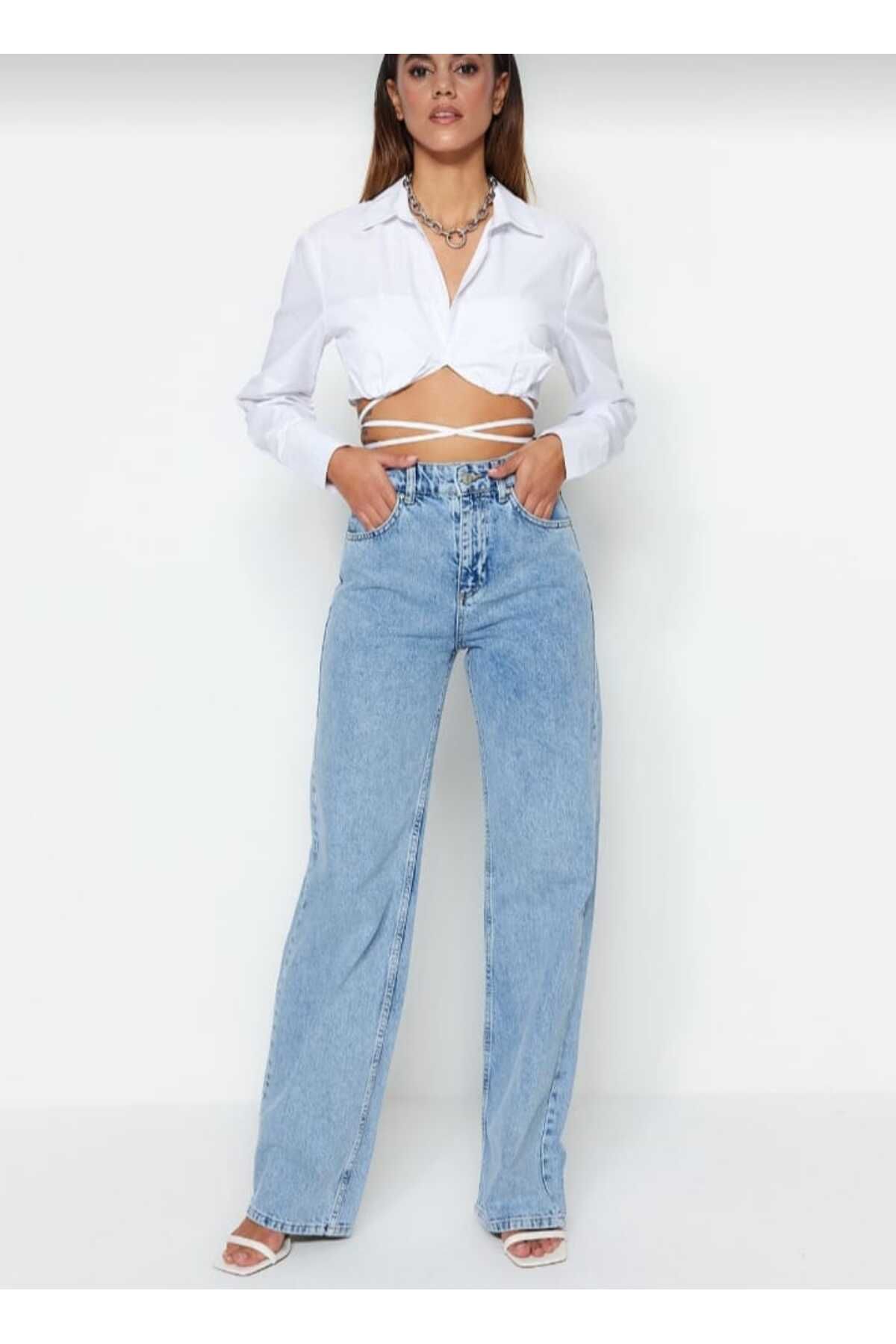 TSHIRTHOME Açık Mavi Yüksek Bel Wide Leg Jeans