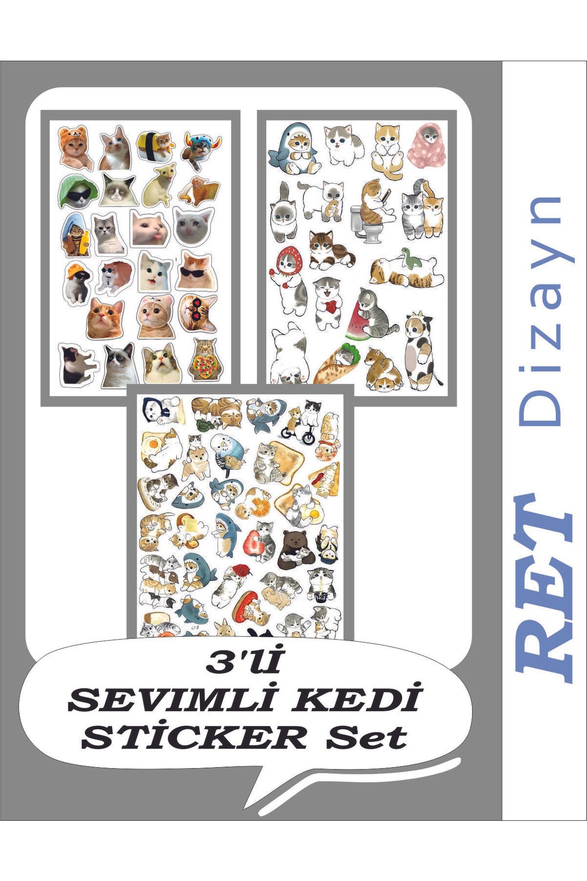 RET Dizayn Sticker MİNİK SEVİMLİ KEDİ  ETİKET 3'LÜ SET Planlama Ajanda Etiket Gezi TABLET