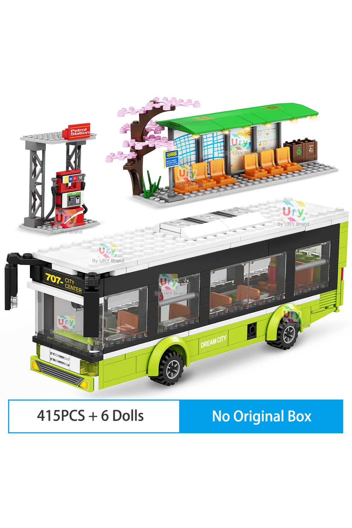 ۴۱۵ قطعه مدل فیگورهای مجموعه شهری No Box City: اتوبوس مسافربری سبز و آبی دوطبقه ایستگاه اتوبوس عمومی تک‌طبقه