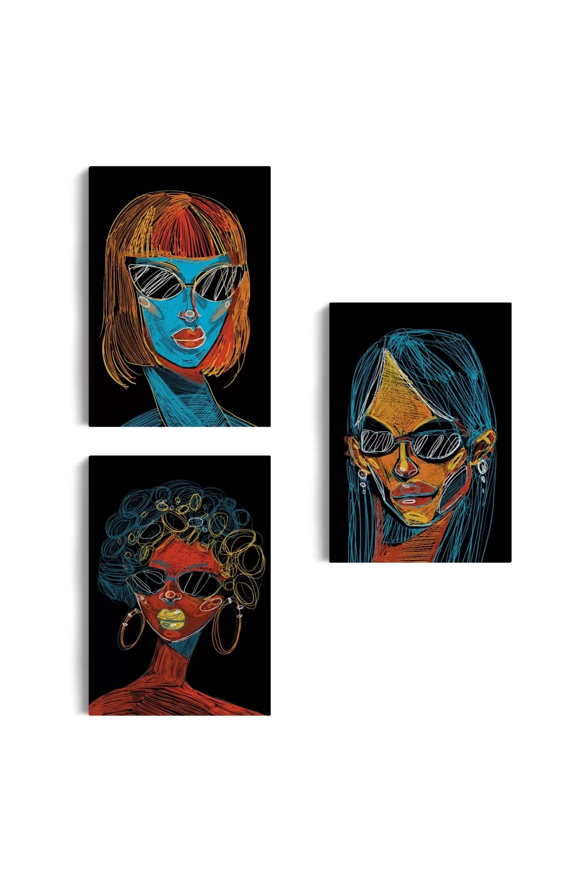 evimera Renkli Pop Art Kadınlar Dekoratif Duvar Tablosu Üçlü Set-Eu-120