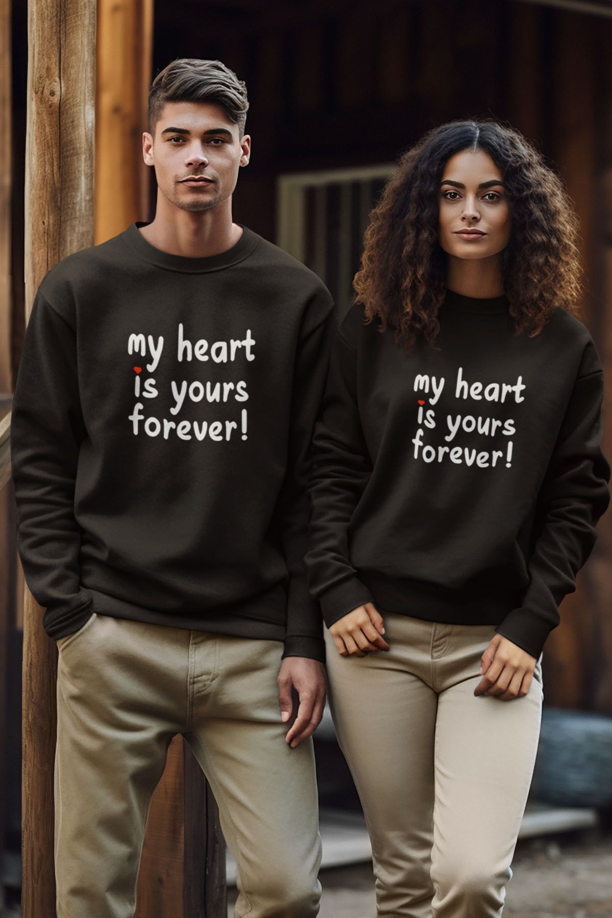 qoeuyl boutique My Heart Sevgili Çift Kombin Sevgililer Günü Hediye Baskılı Bisiklet Yaka Sweatshirt