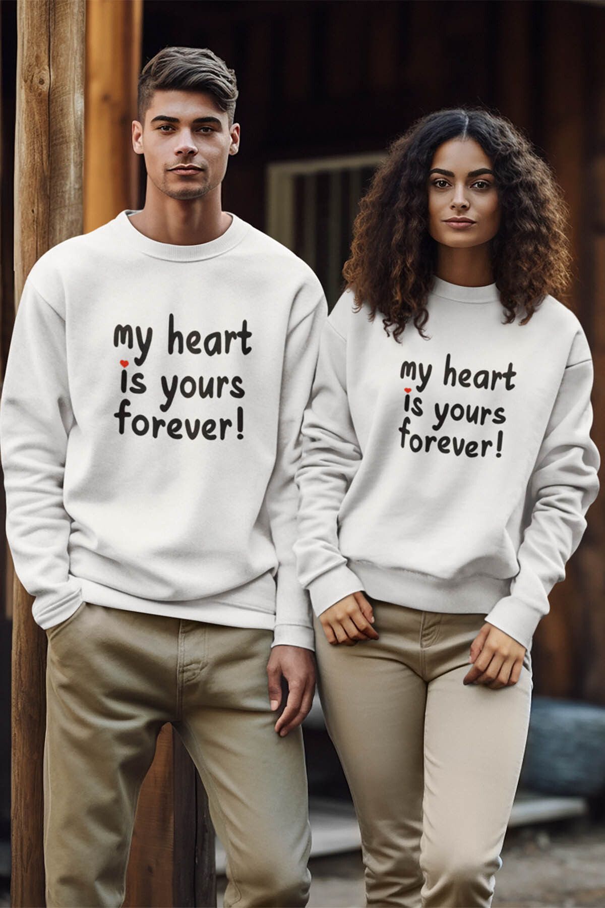 qoeuyl boutique My Heart Sevgili Çift Kombin Sevgililer Günü Hediye Baskılı Bisiklet Yaka Sweatshirt