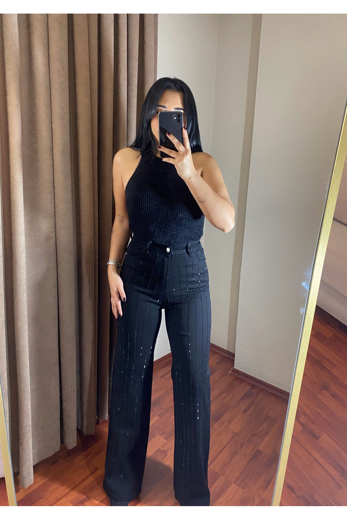 MODA Kadın Wide Leg Parlak Taşlı Yüksek Bel Siyah Jean Kot Pantolon