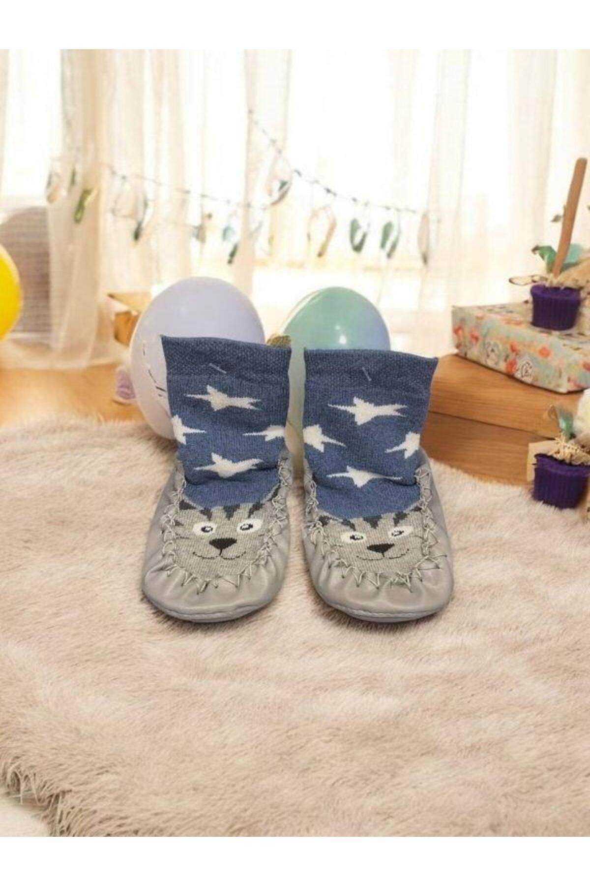 Zekids Erkek Çocuk Altı Kaydırmazlı Hayvan Figürlü Ev Kreş Çorabı