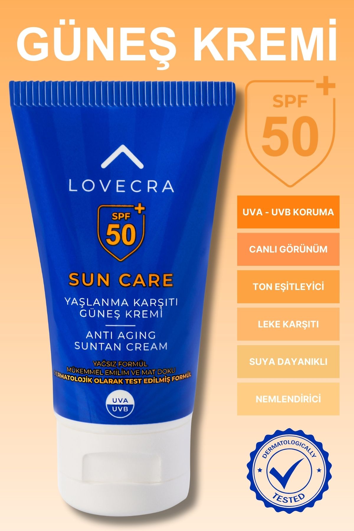 LOVECRA YÜZ KREMİ SPF 50+ Yüksek UVA/UVB Koruma Yaşlanma Karşıtı Yağsız Hızlı Emilim Güneş Kremi 50ml