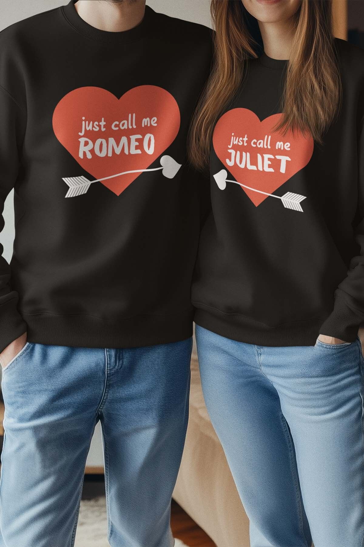 qoeuyl boutique Just Call Me Romeo Juliet Sevgili Çift Kombin Sevgililer Gün Hediye Baskılı Bisiklet Yaka Sweatshirt