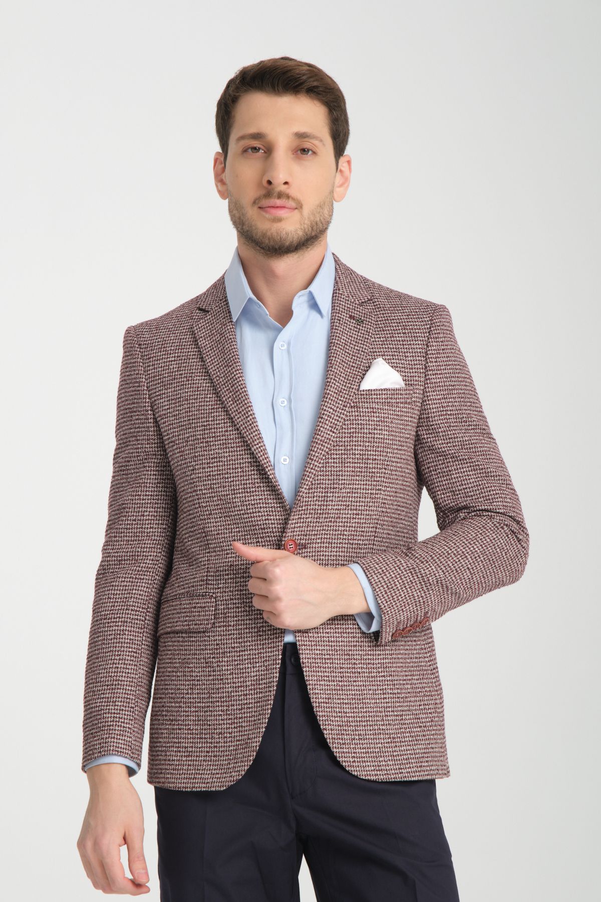 Frappoli Pico Erkek Bordo Kendinden Desenli Örme Kumaş Slim Fit Mono Yaka Dar Kesim Blazer Ceket