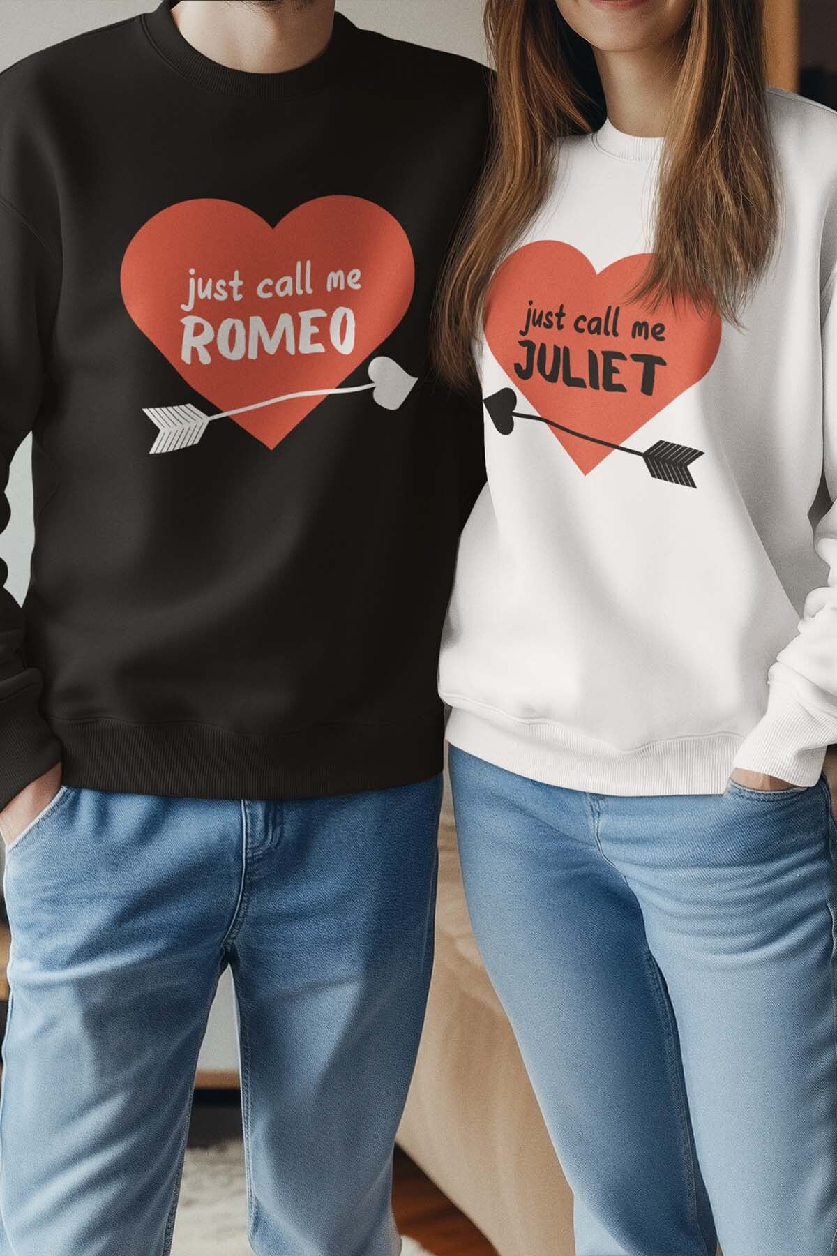 qoeuyl boutique Just Call Me Romeo Juliet Sevgili Çift Kombin Sevgililer Gün Hediye Baskılı Bisiklet Yaka Sweatshirt