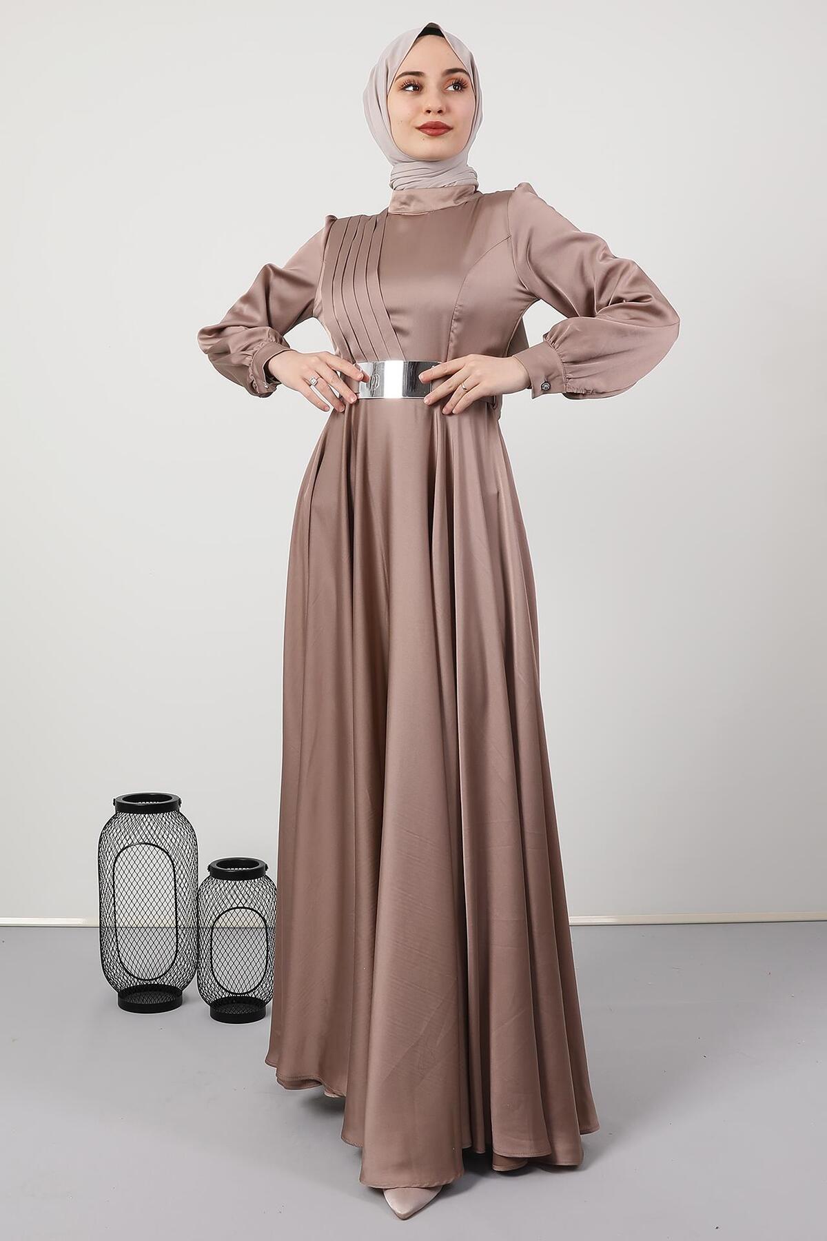 Pleated Front Modest Evening Dress Mink
