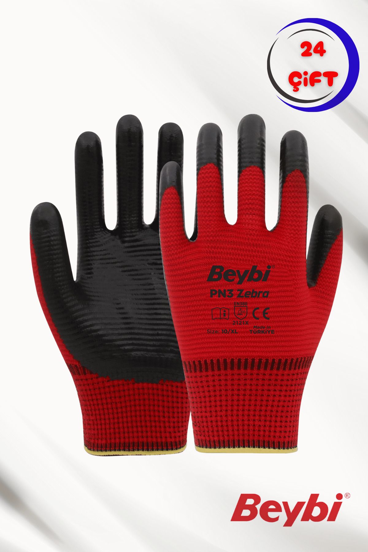 Beybi PN3 Zebra Nitril Kaplı Polyester Eldiven Kırmızı 1 koli ( 24çift )