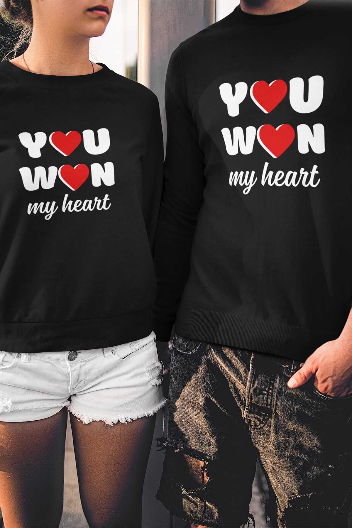 qoeuyl boutique You Won My Heart Sevgili Çift Kombin Sevgililer Günü Hediye Baskılı Bisiklet Yaka Sweatshirt