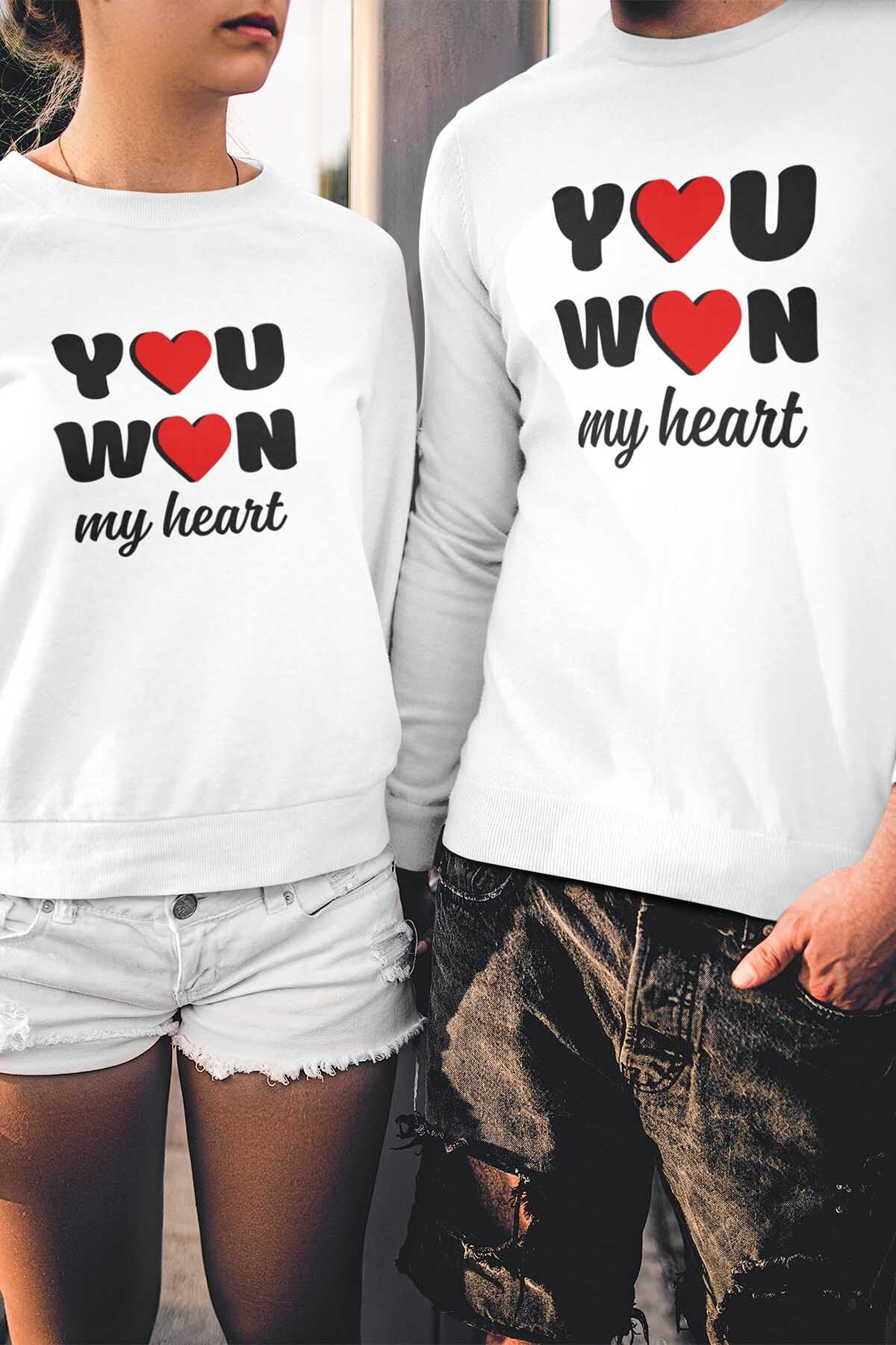 qoeuyl boutique You Won My Heart Sevgili Çift Kombin Sevgililer Günü Hediye Baskılı Bisiklet Yaka Sweatshirt