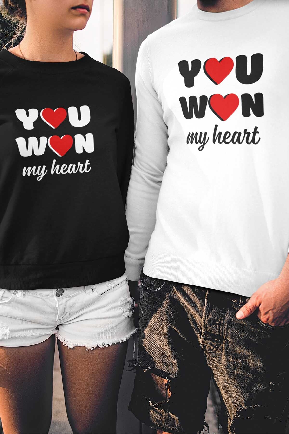 qoeuyl boutique You Won My Heart Sevgili Çift Kombin Sevgililer Günü Hediye Baskılı Bisiklet Yaka Sweatshirt