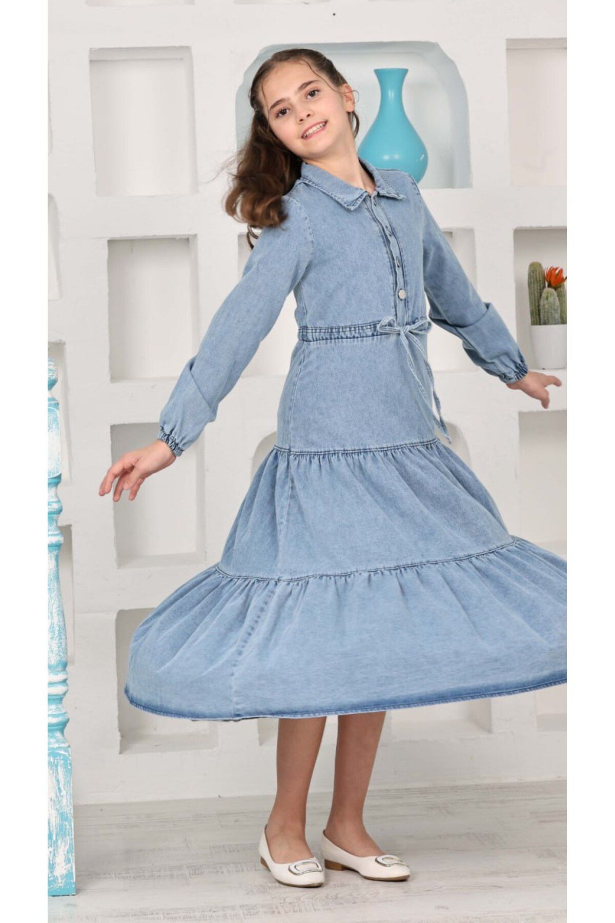 DUBAİ ÇOCUK-Girl's Length Button Detailed Denim Dress 2