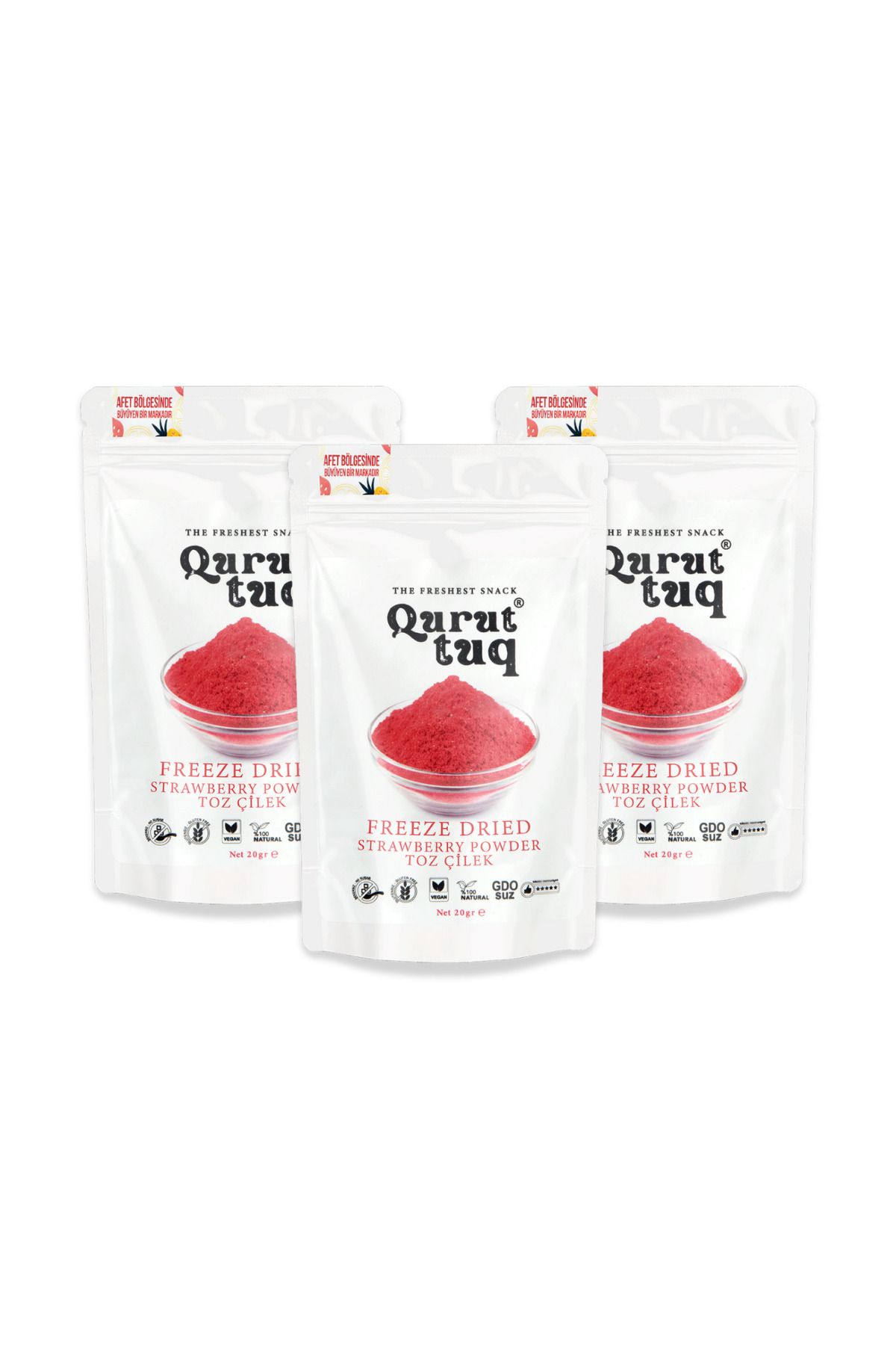 QuruttuQ 3'lü Paket Freeze Dried Toz Çilek - Dondurularak Kurutulmuş Meyve - Freeze Dry Meyve Kurusu 3x20gr