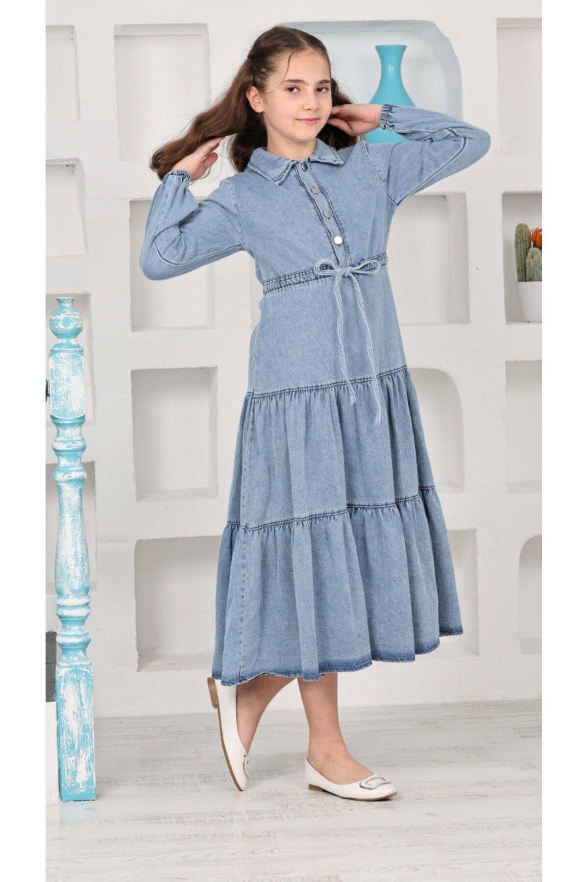 DUBAİ ÇOCUK-Girl's Length Button Detailed Denim Dress 1