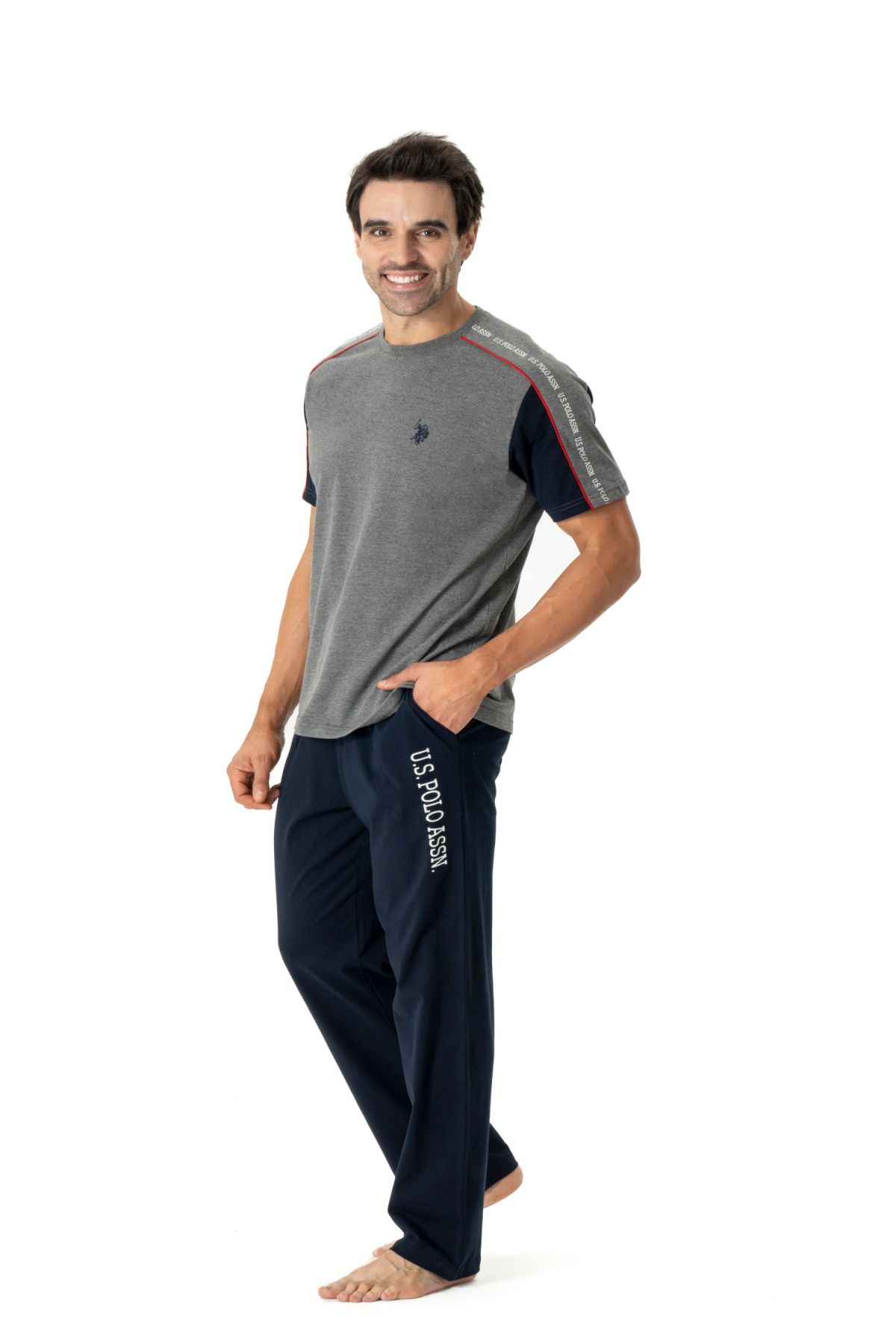 یو اس پولو - ست لباس خواب مردانه یقه گرد ملانژ آنتراسیت