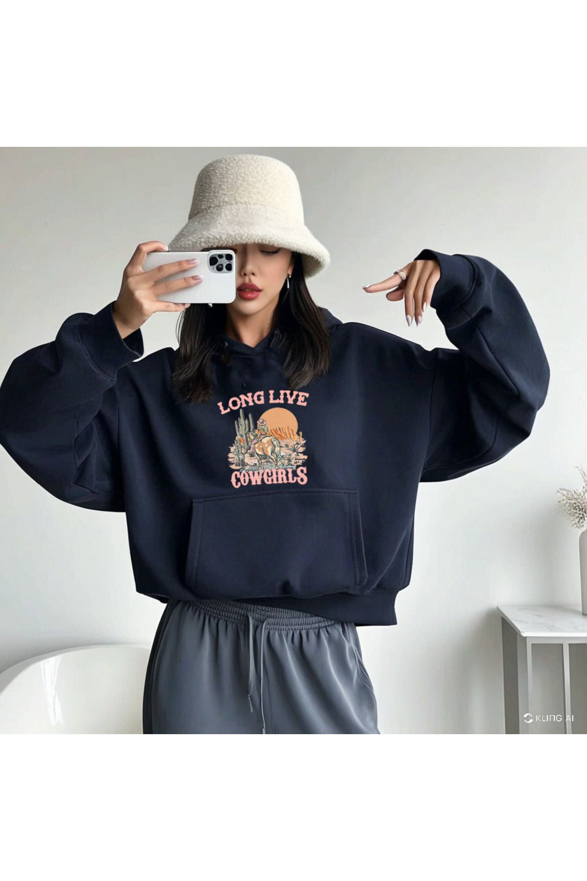 DEEPSENCE Unisex Lacivert Kapüşonlu Oversize Sweatshirt LON LIVE