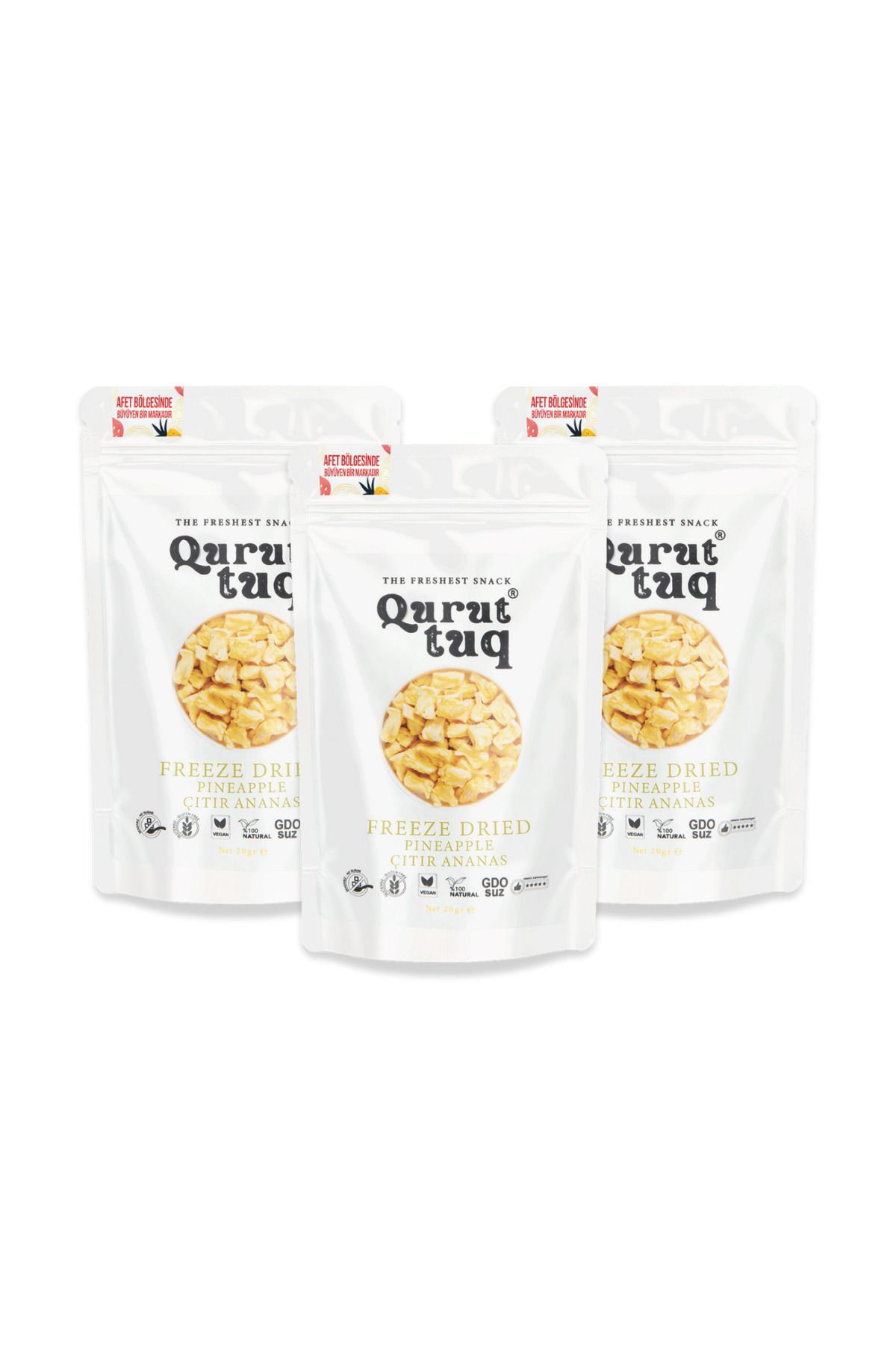 QuruttuQ 3'lü Paket Freeze Dried-Dondurularak Kurutulmuş Çıtır Ananas Cipsi 20gr Katkısız-Şeker İlavesiz