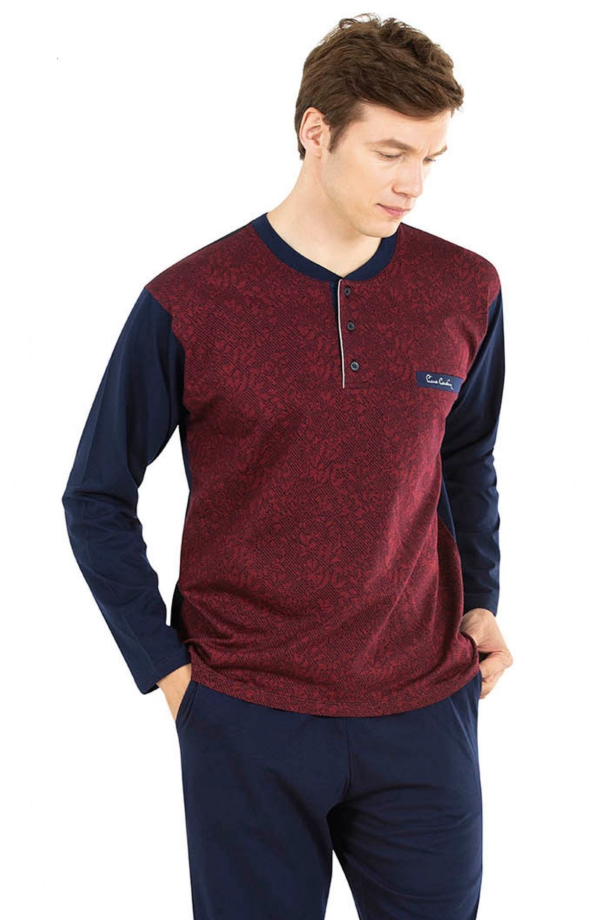 ست پیژامه قرمز مردانه لباس خواب آستین بلند کلارت ژاکارد 6025 Pierre Cardin