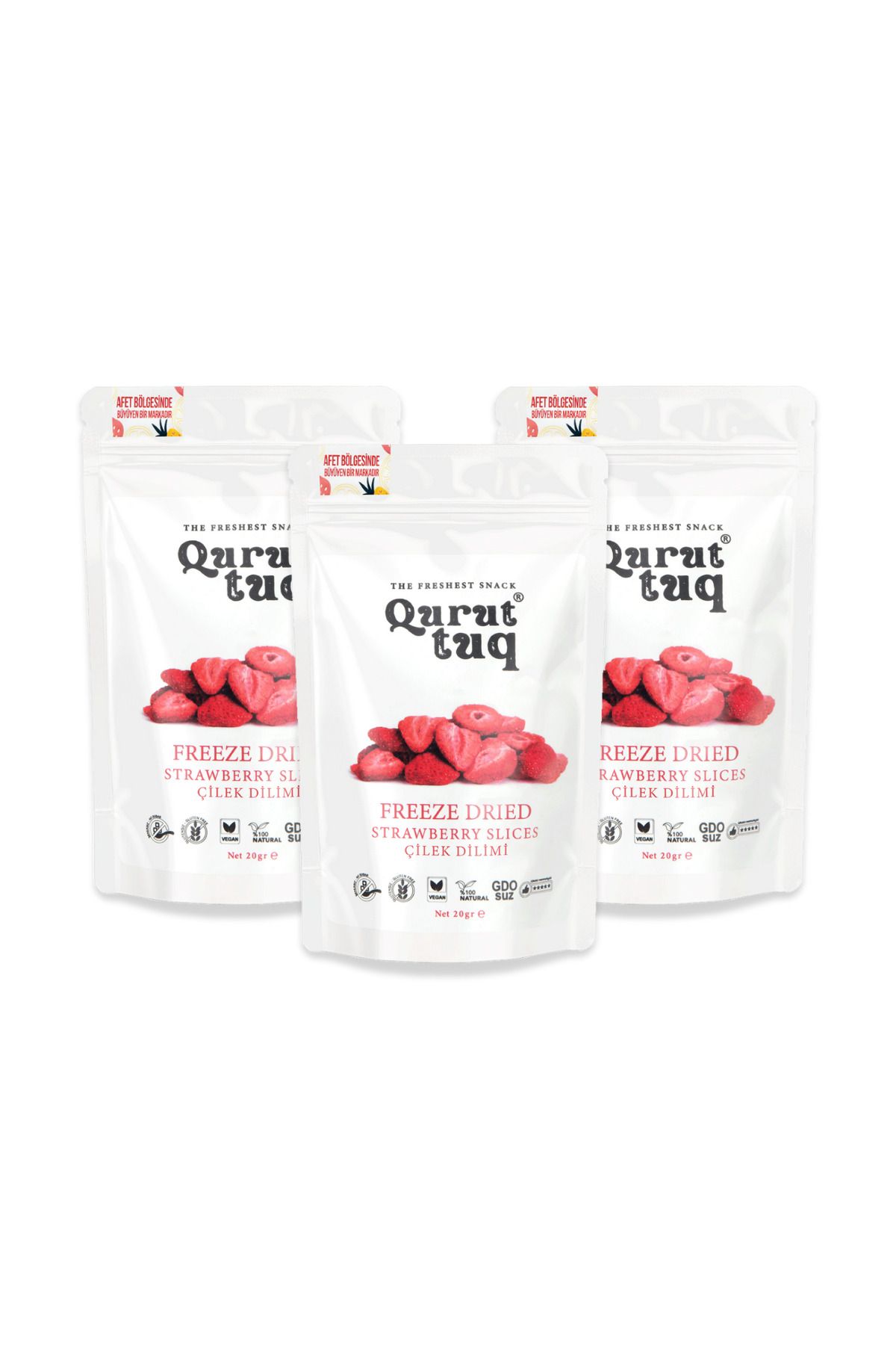 QuruttuQ 3'lü Paket Freeze Dried-Dondurularak Kurutulmuş Çıtır Dilim Çilek Cipsi 3x20gr Şeker İlavesiz