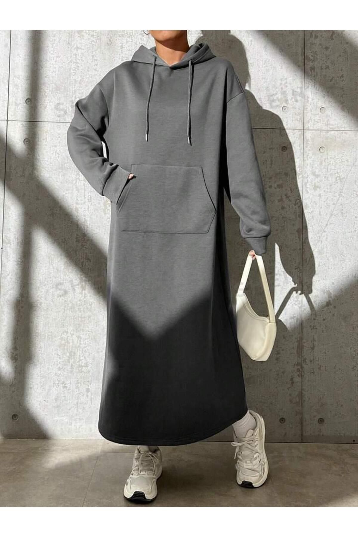 Charme Elegant Kadın Oversize Kapüşonlu Cepli Uzun Elbise / Tunik