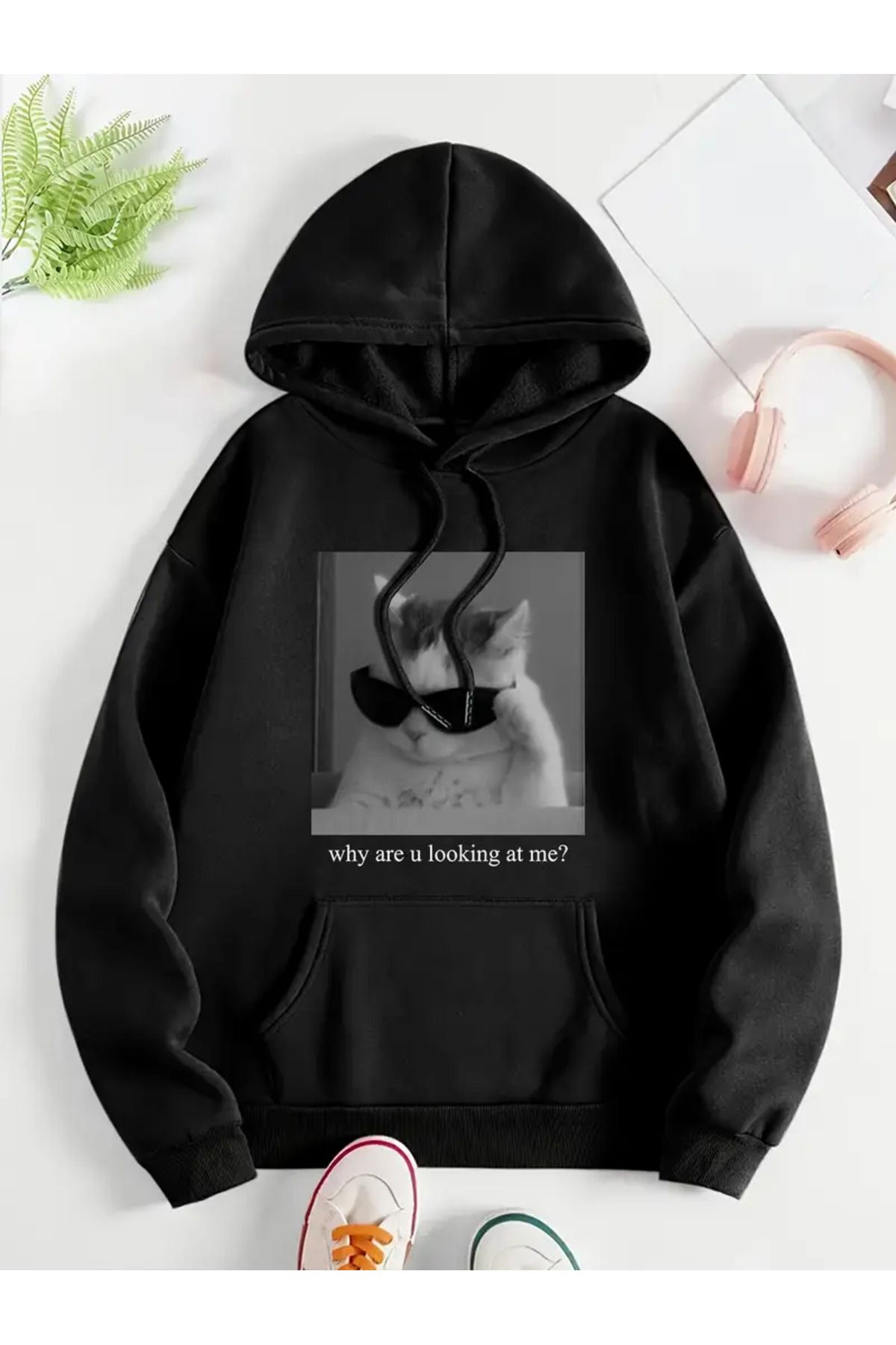 LUNAVISTA Komik Kedi Grafik Baskılı Sweatshirt