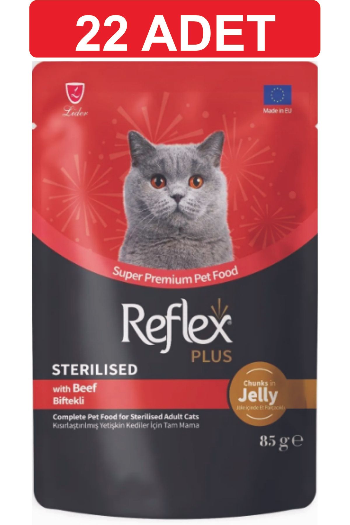 Reflex Jöle İçinde Et Parçacıklı Biftekli Kısırlaştırılmış Yetişkin Kedi Maması 22 adet x 85 gram