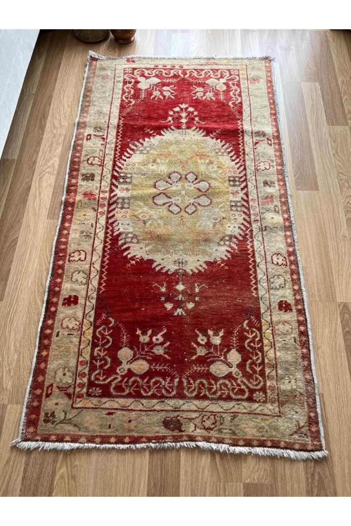 DesignEv 100x185 cm El Dokuma Vintage Halı, Kırmızı Renkli ve Çiçek Desenli, Yatak Odası ve Oturma Odası için