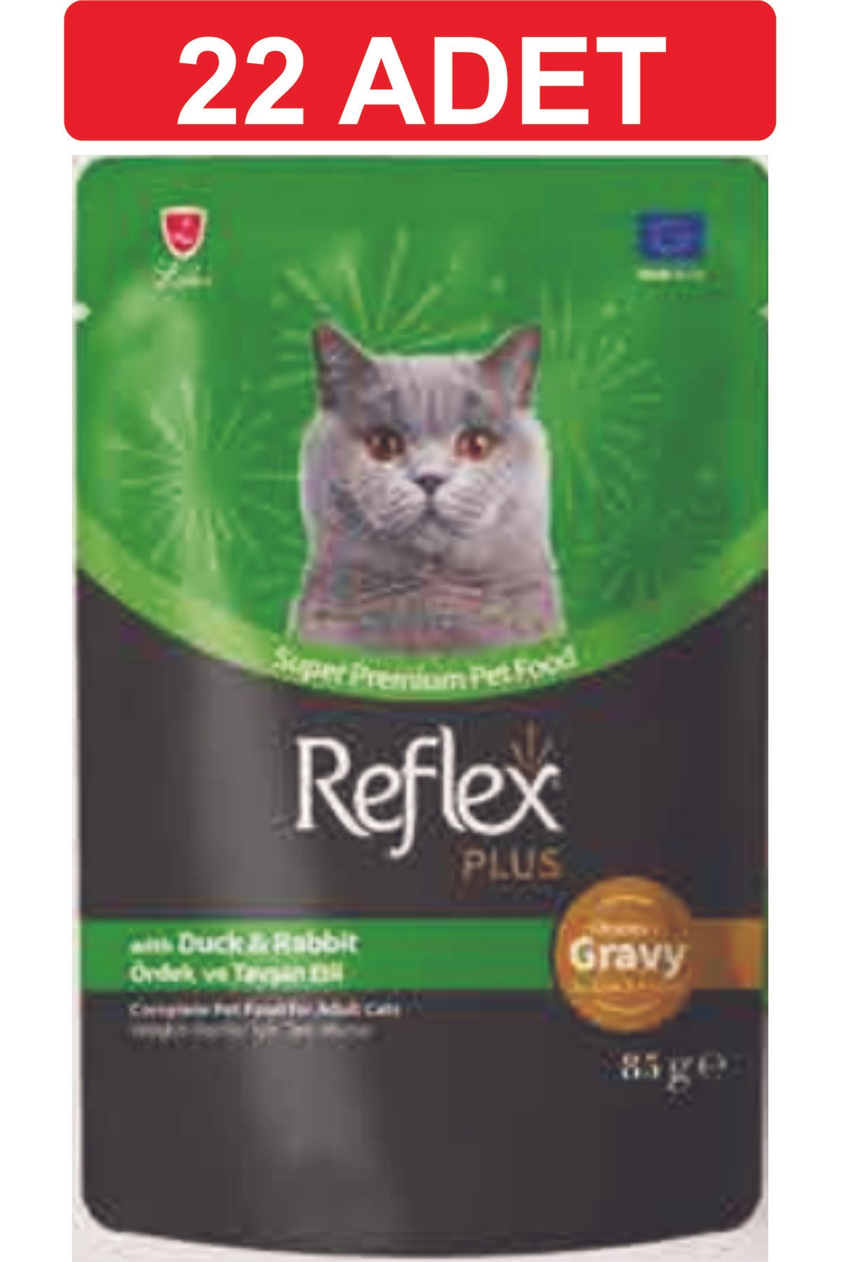 Reflex Gravy Sos İçinde Et Parçacıklı Ördek ve Tavşan Etli Yetişkin Kedi Maması 22 adet x 85 gram