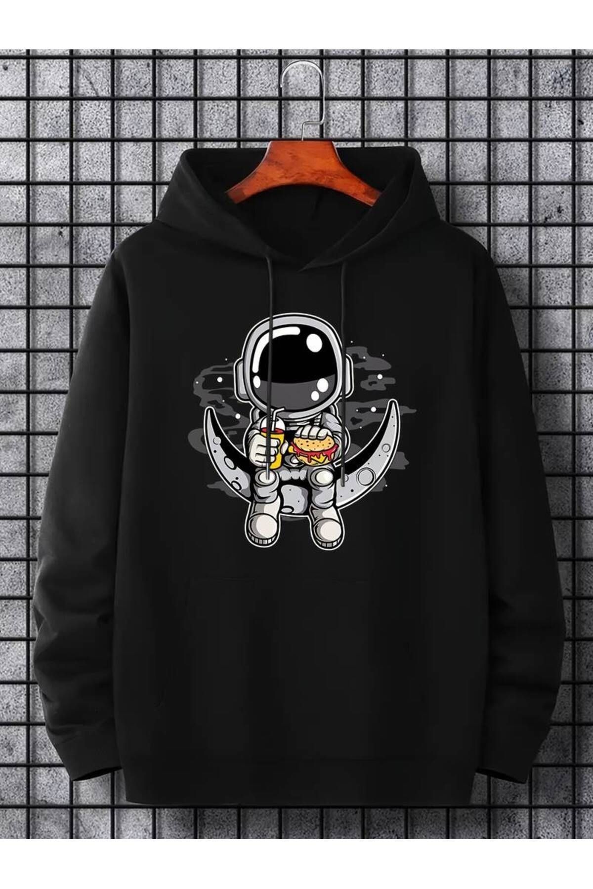 Charme Elegant Ayda Astronot Baskılı Oversize Kışlık 3 İplik %100 Pamuk Kapüşonlu Sweatshirt Hoodie