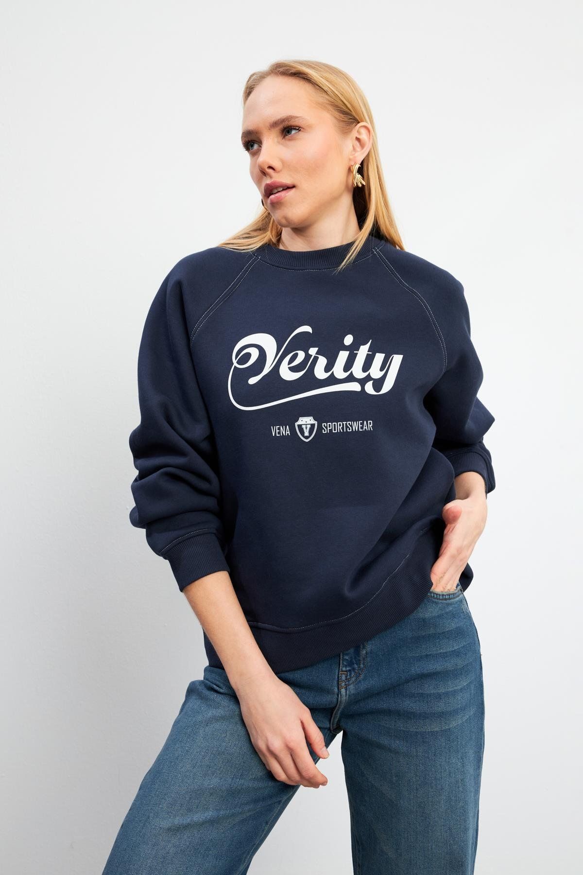 VENA Kontrast Dikişli Baskılı Sweatshirt - LACİVERT