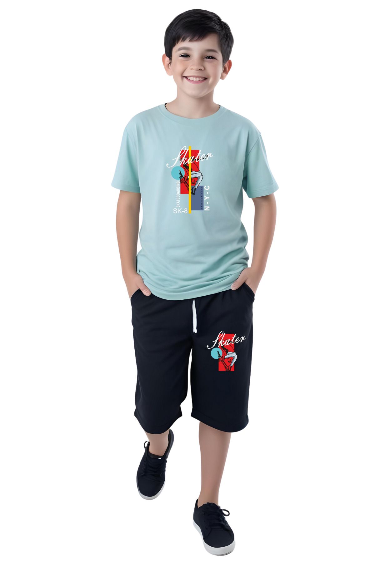 panios kids-3-Piece Never-Skater-Football Printed Boys' Short Sleeve Double Pocket Capri Bottom-Top Suit 2