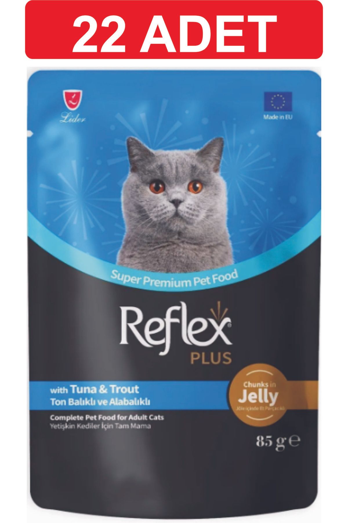 Reflex Jöle İçinde Et Parçacıklı Ton Balıklı ve alabalıklı Yetişkin Kedi Maması 22 adet x 85 gram