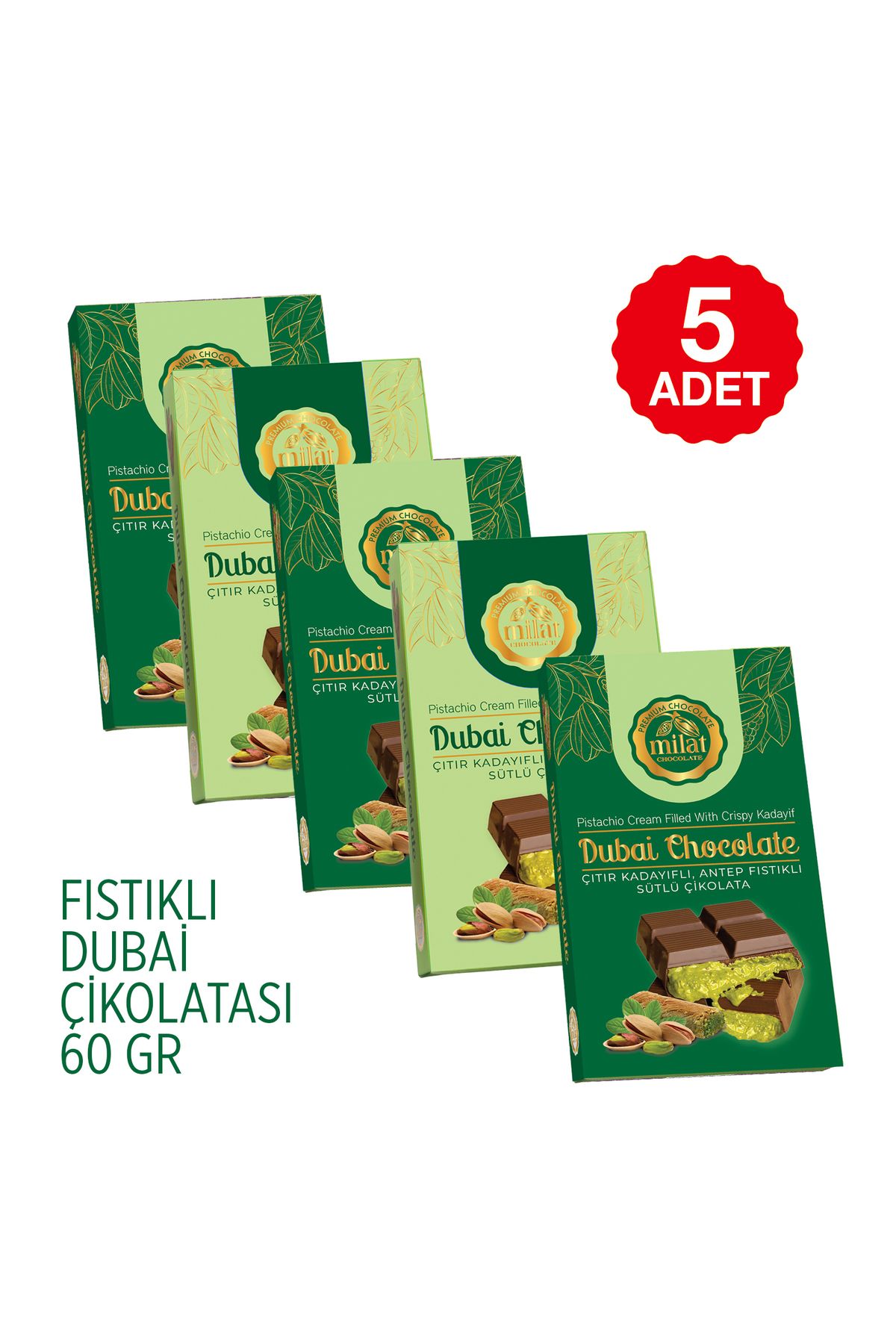 Milat Dubai Çikolatası Fıstıklı 60 gr (5 ADET)