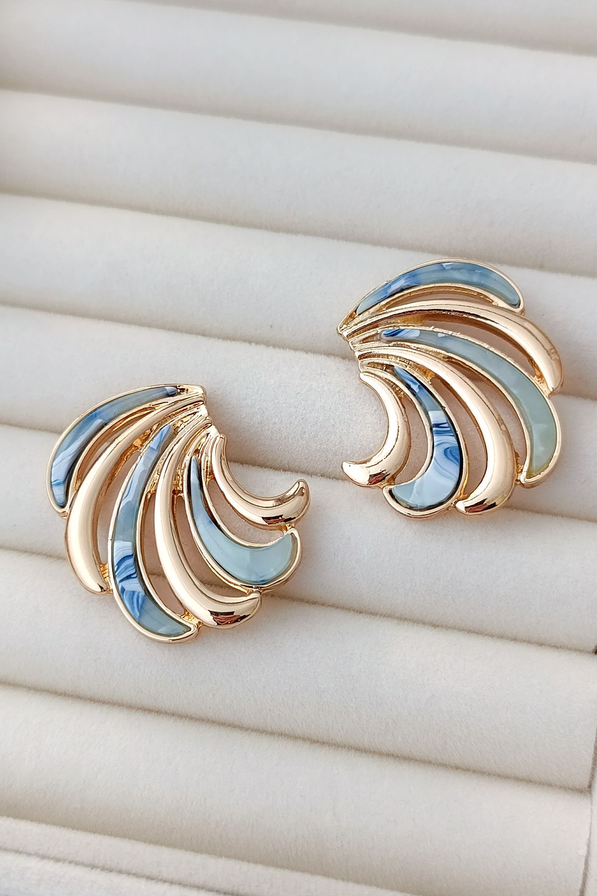 COSİTA-Blue Gold Waveform Stone Detail Modern Stylish Design Earrings 4