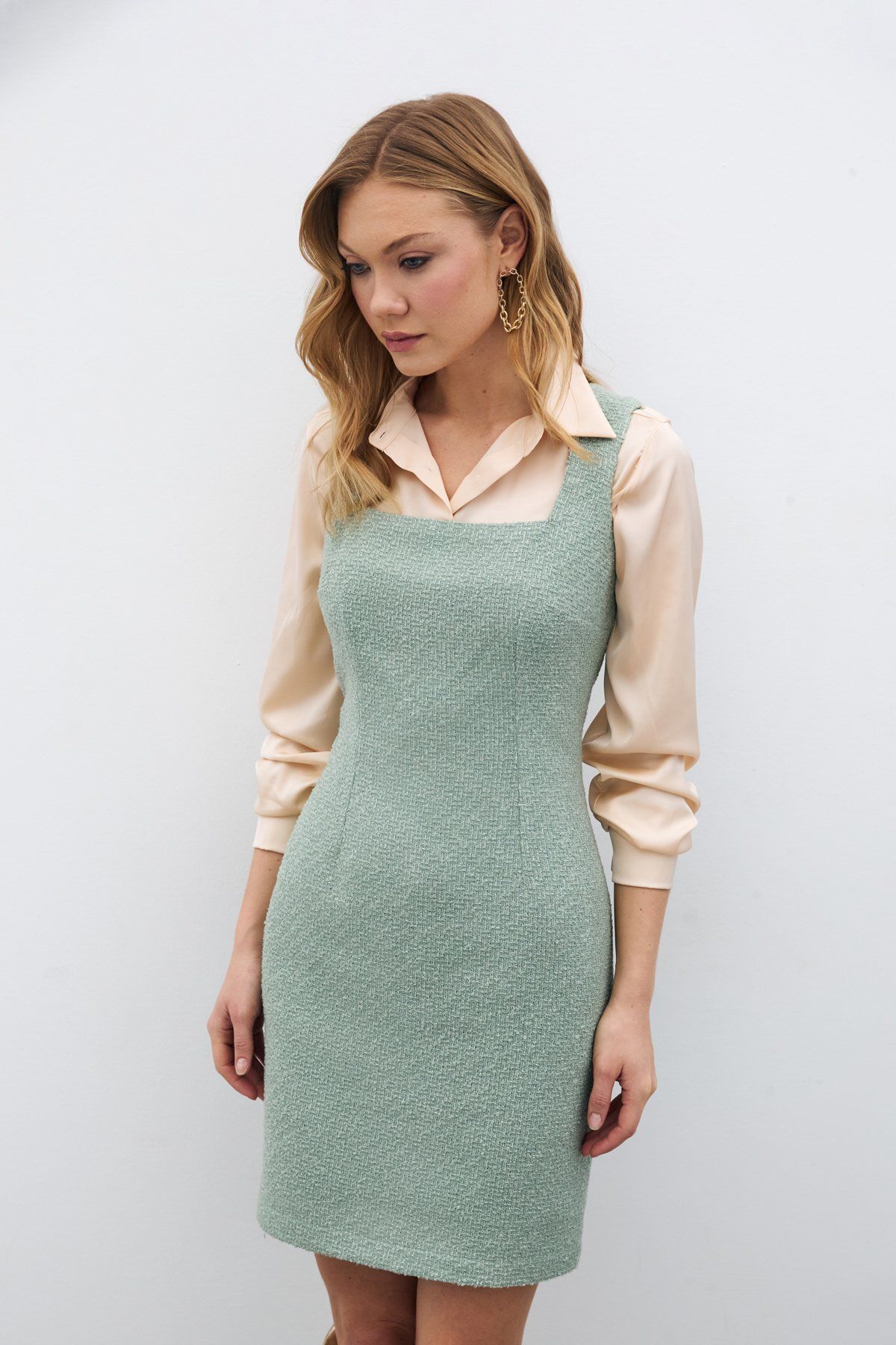 Sateen-Rochie mini din tweed mentă 3