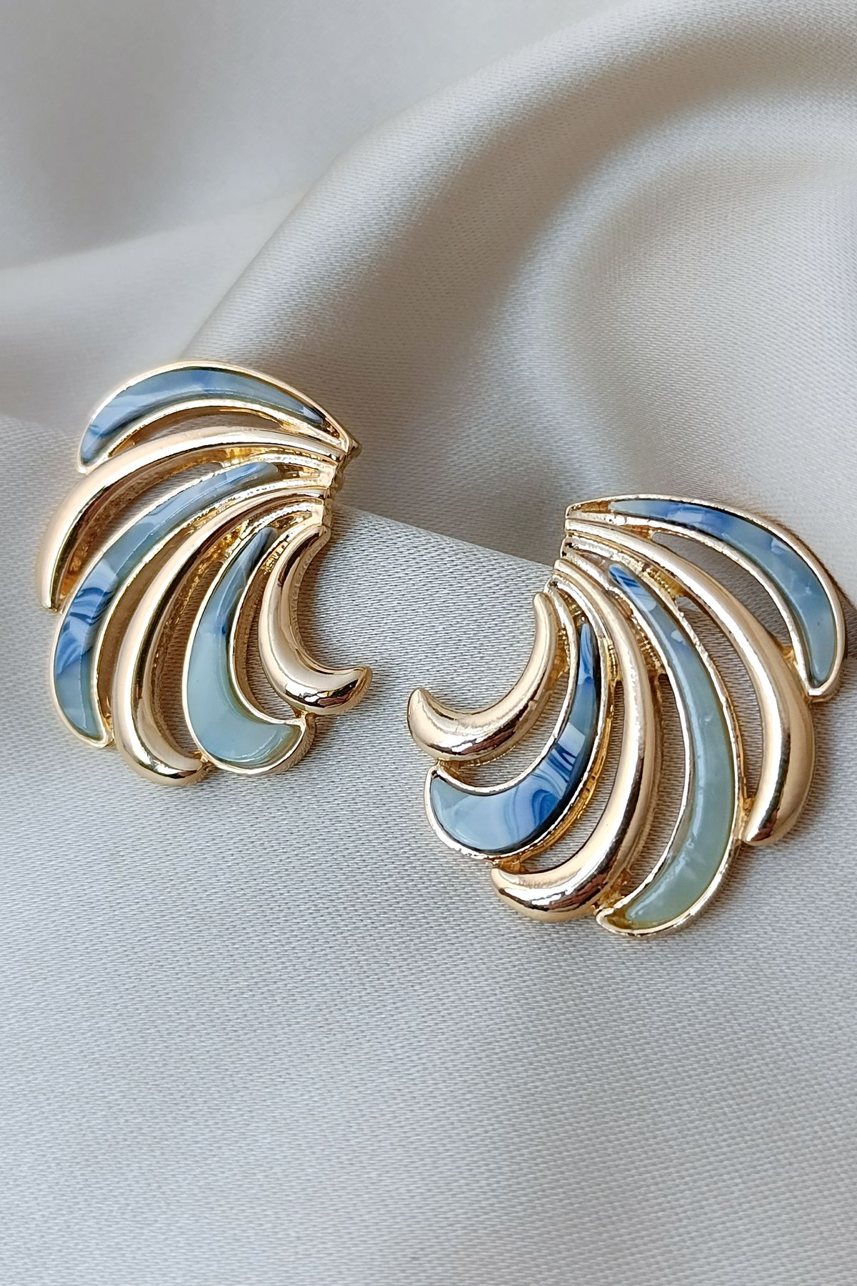 COSİTA-Blue Gold Waveform Stone Detail Modern Stylish Design Earrings 2